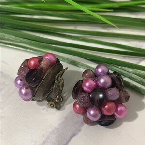 Vintage Clip-On Earrings Shades of Pink Beaded Cluster Japan Signature